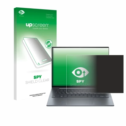 Face avant d’un emballage produit avec le logo de la marque upscreen. À côté, l’appareil HP Dragonfly 13.5" G4 Non-Touch est r