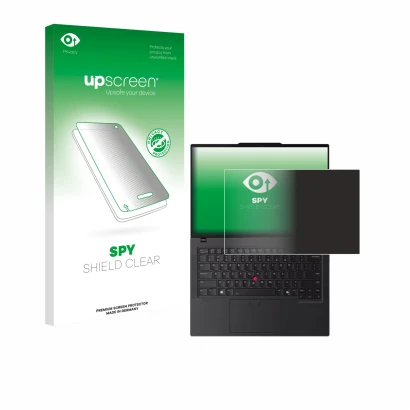 Face avant d’un emballage produit avec le logo de la marque upscreen. À côté, l’appareil Lenovo ThinkPad P14s Gen 6 14" est re