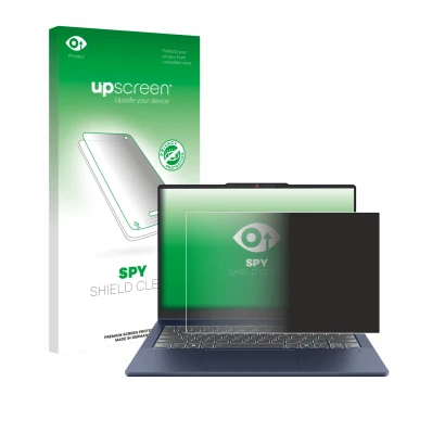 Face avant d’un emballage produit avec le logo de la marque upscreen. À côté, l’appareil Lenovo IdeaPad 5 2-in-1 Gen 10 14