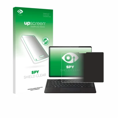 Face avant d’un emballage produit avec le logo de la marque upscreen. À côté, l’appareil Microsoft Surface Pro Copilot+ 13