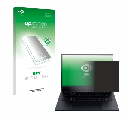 Face avant d’un emballage produit avec le logo de la marque upscreen. À côté, l’appareil Razer Blade 14 2025 est représenté av