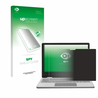 Face avant d’un emballage produit avec le logo de la marque upscreen. À côté, l’appareil Framework Laptop 12 est représenté av