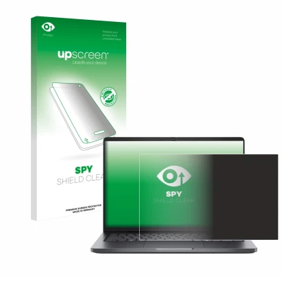 Face avant d’un emballage produit avec le logo de la marque upscreen. À côté, l’appareil Dell Pro 14 PC14250 est représenté av