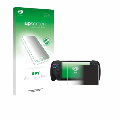 Face avant d’un emballage produit avec le logo de la marque upscreen. À côté, l’appareil ASUS ROG Ally X 2025 est représenté a