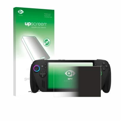 Face avant d’un emballage produit avec le logo de la marque upscreen. À côté, l’appareil ASUS ROG Xbox Ally X est représenté a