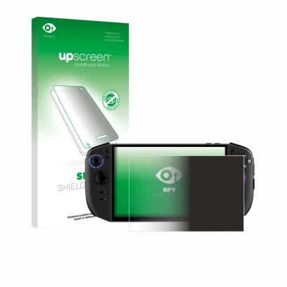 Face avant d’un emballage produit avec le logo de la marque upscreen. À côté, l’appareil Lenovo Legion Go Gen 2 est représenté