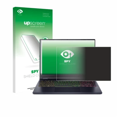 Face avant d’un emballage produit avec le logo de la marque upscreen. À côté, l’appareil Acer Predator Helios Neo 14 AI est re
