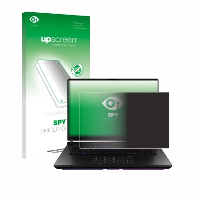 Face avant d’un emballage produit avec le logo de la marque upscreen. À côté, l’appareil ASUS ROG Strix SCAR 18 2025 est repré