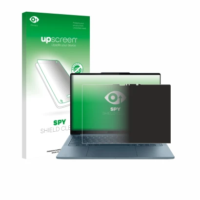 Face avant d’un emballage produit avec le logo de la marque upscreen. À côté, l’appareil Lenovo Yoga Slim 7 Gen 10 14" Touch e