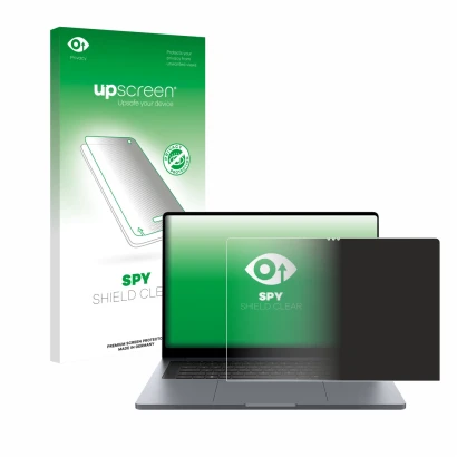 Face avant d’un emballage produit avec le logo de la marque upscreen. À côté, l’appareil Samsung Galaxy Book6 Ultra 16" est re