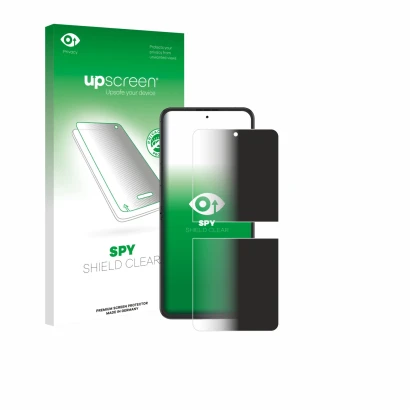 Face avant d’un emballage produit avec le logo de la marque upscreen. À côté, l’appareil Nubia Flip 2 est représenté avec la p