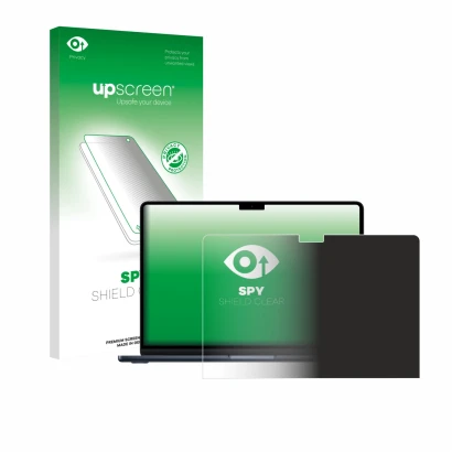 Face avant d’un emballage produit avec le logo de la marque upscreen. À côté, l’appareil Apple MacBook Air 13" M5 2026 est rep