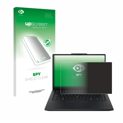 Face avant d’un emballage produit avec le logo de la marque upscreen. À côté, l’appareil Lenovo ThinkPad P14s Gen 7 14" est re