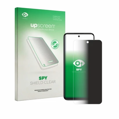 Face avant d’un emballage produit avec le logo de la marque upscreen. À côté, l’appareil TCL 605 est représenté avec la protec