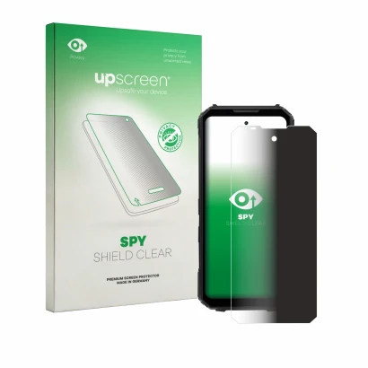 Face avant d’un emballage produit avec le logo de la marque upscreen. À côté, l’appareil Doogee V Max LR est représenté avec l