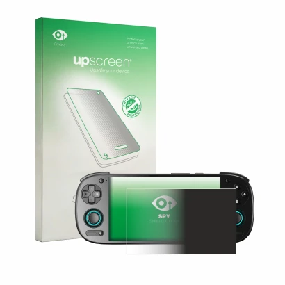 Face avant d’un emballage produit avec le logo de la marque upscreen. À côté, l’appareil Retroid Pocket 5 est représenté avec