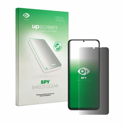 Face avant d’un emballage produit avec le logo de la marque upscreen. À côté, l’appareil Neow Safe est représenté avec la prot