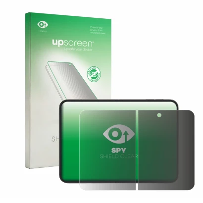 Face avant d’un emballage produit avec le logo de la marque upscreen. À côté, l’appareil Apple iPhone Duo (Affichage interne)