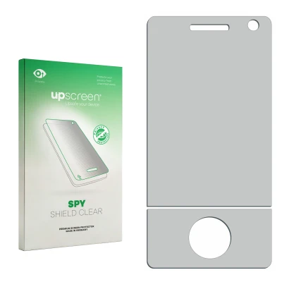 Face avant d’un emballage produit avec le logo de la marque upscreen. À côté se trouve la protection d’écran correspondante.