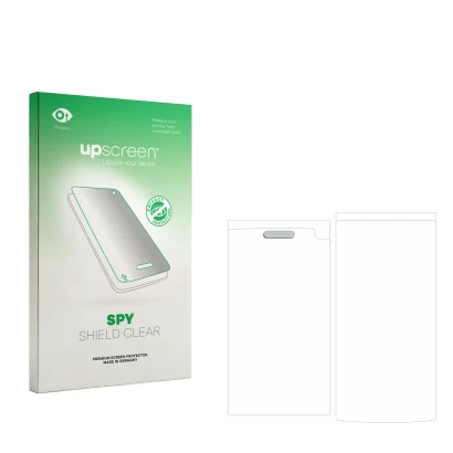 Face avant d’un emballage produit avec le logo de la marque upscreen. À côté se trouve la protection d’écran correspondante.