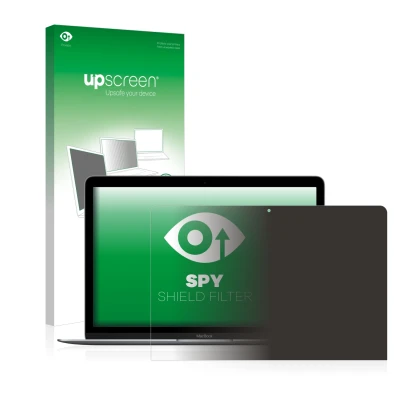 Face avant d’un emballage produit avec le logo de la marque upscreen. À côté, l’appareil Apple MacBook Retina 12" 2017 est rep