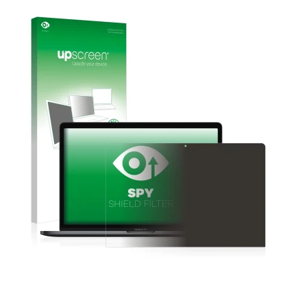 Face avant d’un emballage produit avec le logo de la marque upscreen. À côté, l’appareil Apple MacBook Pro 15" 2018 est représ