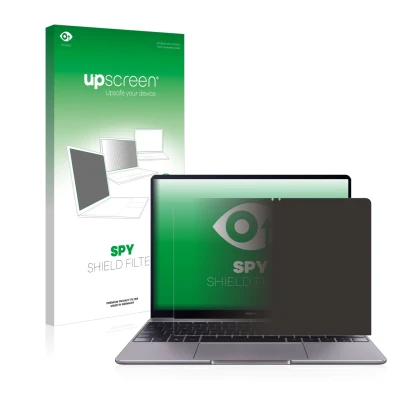 Face avant d’un emballage produit avec le logo de la marque upscreen. À côté, l’appareil Huawei MateBook 13 2019 est représent