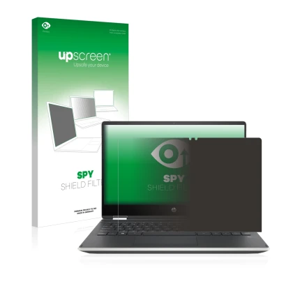 Face avant d’un emballage produit avec le logo de la marque upscreen. À côté, l’appareil HP Pavilion x360 (14-dhX) est représe