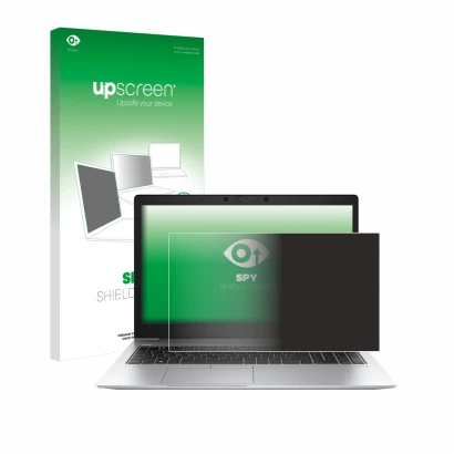 Face avant d’un emballage produit avec le logo de la marque upscreen. À côté, l’appareil HP EliteBook 850 G6 est représenté av