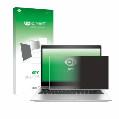 Face avant d’un emballage produit avec le logo de la marque upscreen. À côté, l’appareil HP EliteBook 840 G6 est représenté av