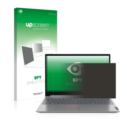 Face avant d’un emballage produit avec le logo de la marque upscreen. À côté, l’appareil Lenovo ThinkBook 14" est représenté a