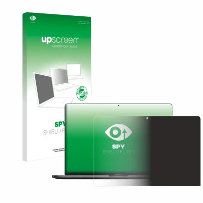 Face avant d’un emballage produit avec le logo de la marque upscreen. À côté, l’appareil Apple MacBook Pro 13" 2020 est représ