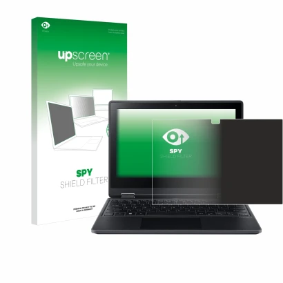 Face avant d’un emballage produit avec le logo de la marque upscreen. À côté, l’appareil Acer TravelMate Spin B3 est représent