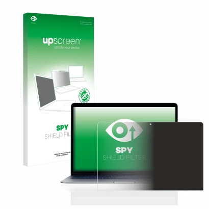 Face avant d’un emballage produit avec le logo de la marque upscreen. À côté, l’appareil Apple MacBook Air 13" 2020 est représ