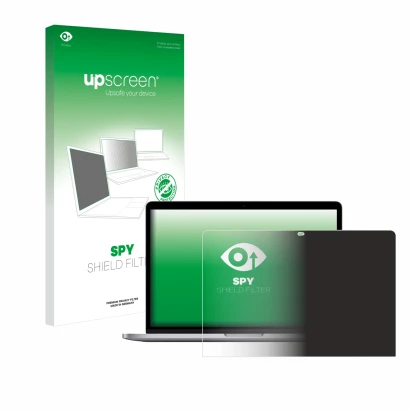 Face avant d’un emballage produit avec le logo de la marque upscreen. À côté, l’appareil Apple MacBook Pro M1 13" 2020 est rep