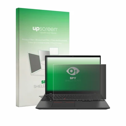 Face avant d’un emballage produit avec le logo de la marque upscreen. À côté, l’appareil Lenovo ThinkPad T16 Gen 1 16" est rep