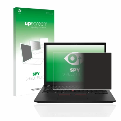 Face avant d’un emballage produit avec le logo de la marque upscreen. À côté, l’appareil Lenovo ThinkPad X13 Gen 3 est représe