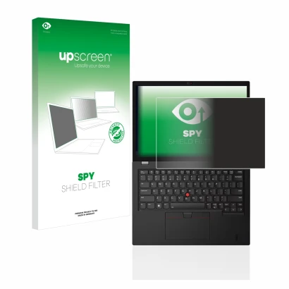 Face avant d’un emballage produit avec le logo de la marque upscreen. À côté, l’appareil Lenovo Thinkpad L13 Gen 3 est représe