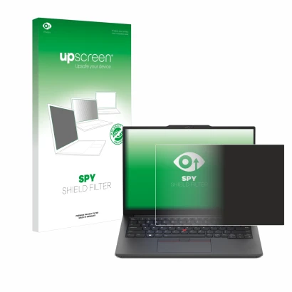 Face avant d’un emballage produit avec le logo de la marque upscreen. À côté, l’appareil Lenovo ThinkPad E14 Gen 5 est représe