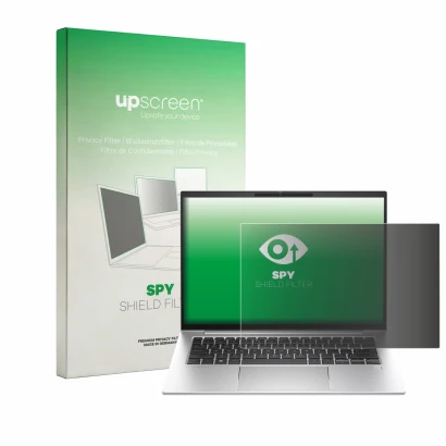 Face avant d’un emballage produit avec le logo de la marque upscreen. À côté, l’appareil HP EliteBook 840 G10 est représenté a