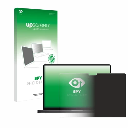 Face avant d’un emballage produit avec le logo de la marque upscreen. À côté, l’appareil Apple MacBook Pro 14