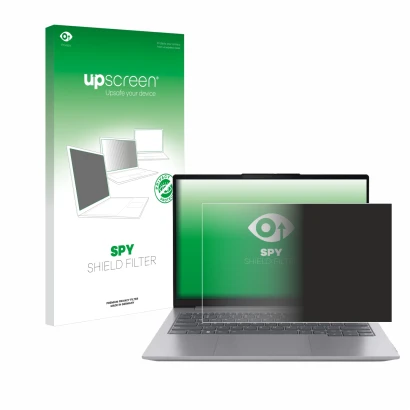 Face avant d’un emballage produit avec le logo de la marque upscreen. À côté, l’appareil Lenovo ThinkBook 16 Gen 6 est représe