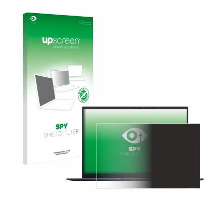 Face avant d’un emballage produit avec le logo de la marque upscreen. À côté, l’appareil ASUS ZenBook 14 OLED UX3405 Non-Touch