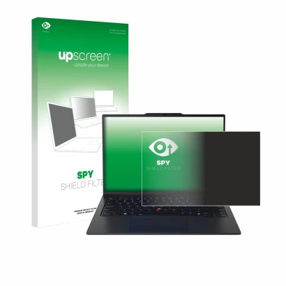 Face avant d’un emballage produit avec le logo de la marque upscreen. À côté, l’appareil Lenovo ThinkPad X1 Carbon Gen 12 14" 