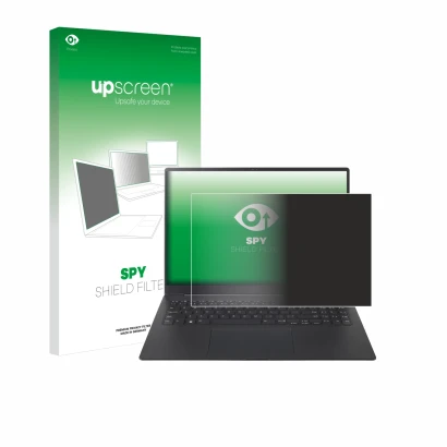 Face avant d’un emballage produit avec le logo de la marque upscreen. À côté, l’appareil LG gram Pro 16 2024 est représenté av
