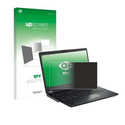 Face avant d’un emballage produit avec le logo de la marque upscreen. À côté, l’appareil Fujitsu Lifebook U7410 est représenté