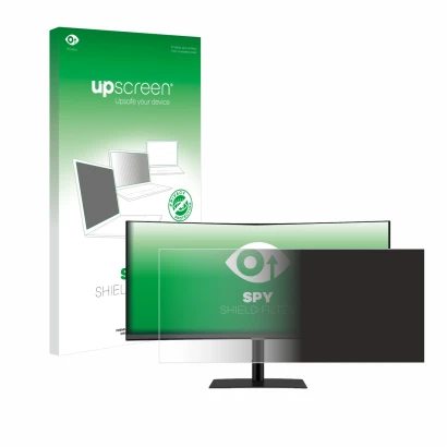 Face avant d’un emballage produit avec le logo de la marque upscreen. À côté, l’appareil Samsung ViewFinity S65UC (34") est re