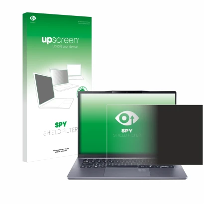 Face avant d’un emballage produit avec le logo de la marque upscreen. À côté, l’appareil Acer Swift Go 14 AI est représenté av