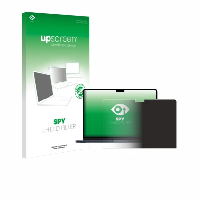 Face avant d’un emballage produit avec le logo de la marque upscreen. À côté, l’appareil Apple MacBook Air 13" M4 2025 est rep