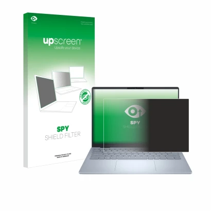 Face avant d’un emballage produit avec le logo de la marque upscreen. À côté, l’appareil Dell 14 Plus Laptop est représenté av
